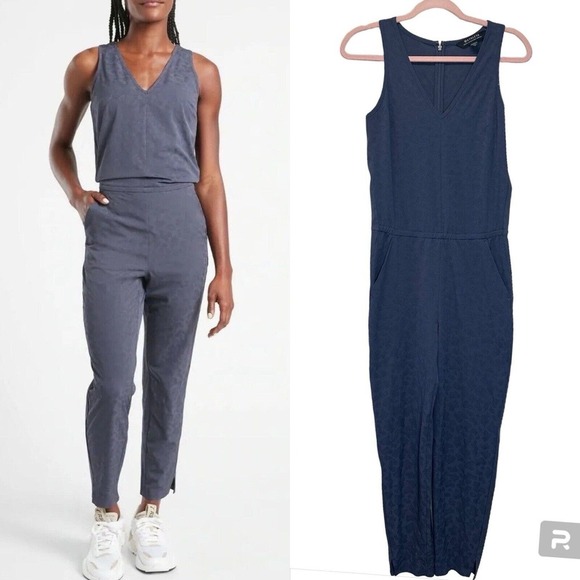Athleta Brooklyn Textured Jumpsuit Women's‎ Size 2 Blue Leopard Print - Picture 1 of 14